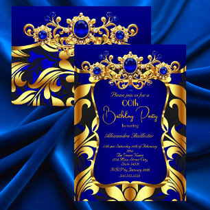 Invitación Fiesta de Cumpleaños Elegante Azul Oro Negro Damas