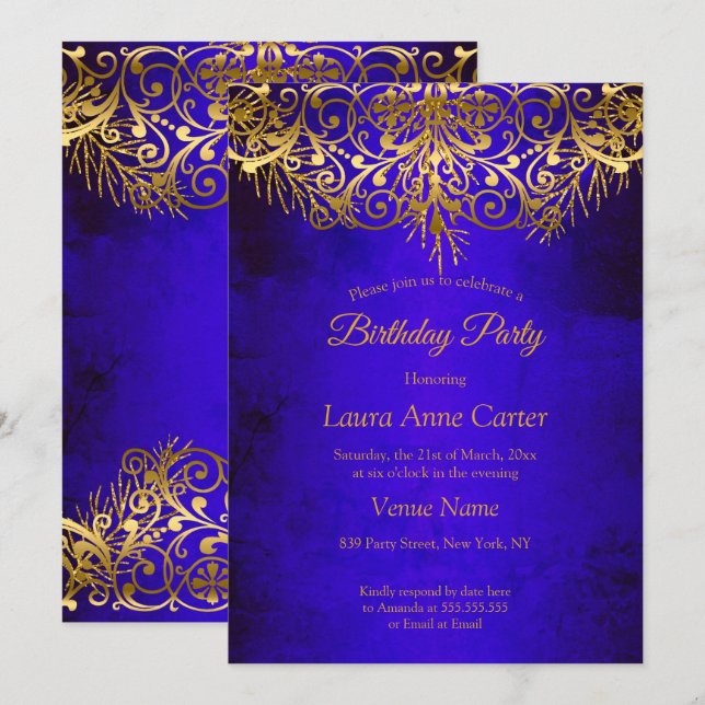Invitación Fiesta de Cumpleaños elegante Azul Real Dorado (Anverso / Reverso)