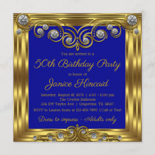 Invitación Fiesta de Cumpleaños Elegante Azul Real Dorado par
