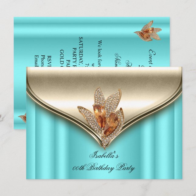 Invitación Fiesta de Cumpleaños Elegante Azul Turquesa Bronce (Anverso / Reverso)
