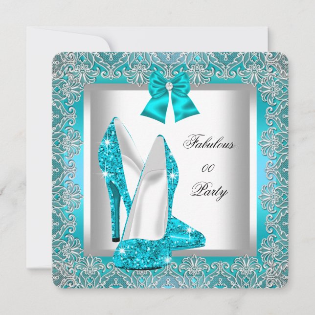 Invitación Fiesta de Cumpleaños Elegante Brillo Azul Turquesa (Anverso)
