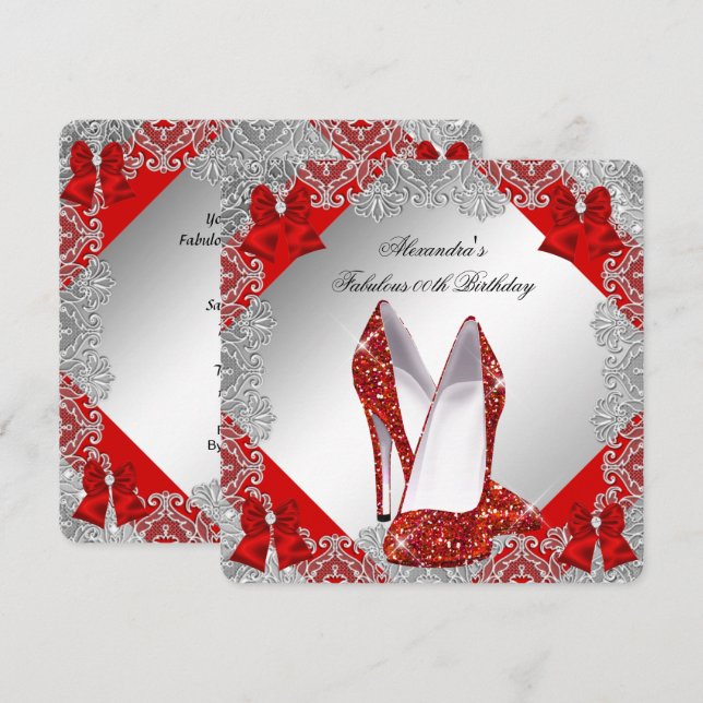 Invitación Fiesta de Cumpleaños Elegante Brillo Rojo Stiletto (Anverso / Reverso)