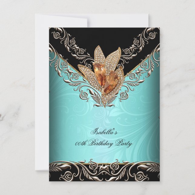 Invitación Fiesta de Cumpleaños Elegante Caramelo Azul Turque (Anverso)