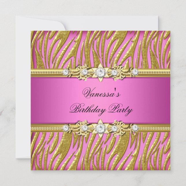 Invitación Fiesta de Cumpleaños Elegante Cebra Rosa Dorado (Anverso)