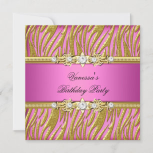 Invitación Fiesta de Cumpleaños Elegante Cebra Rosa Dorado