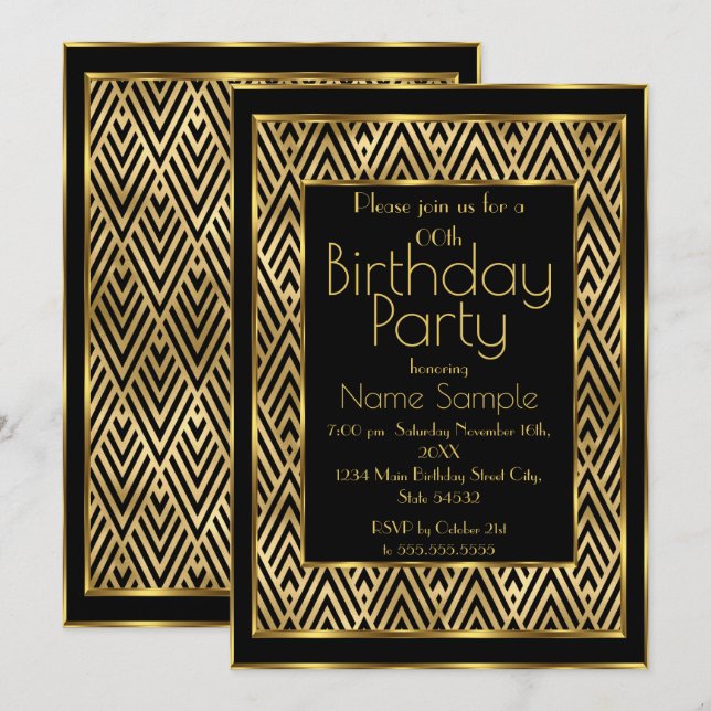 Invitación Fiesta de cumpleaños elegante Chevron Art Déco neg (Anverso / Reverso)