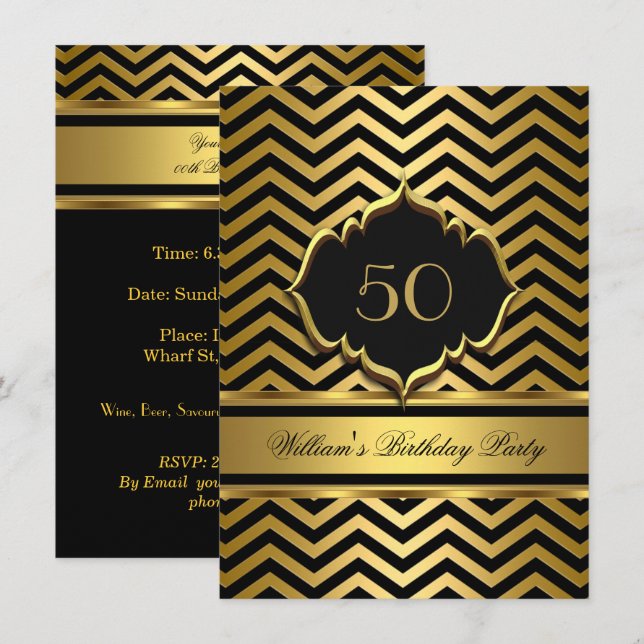 Invitación Fiesta de Cumpleaños Elegante Chevron Negro Dorado (Anverso / Reverso)