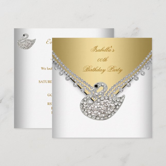 Invitación Fiesta de Cumpleaños Elegante Cisne Blanco Dorado (Anverso / Reverso)