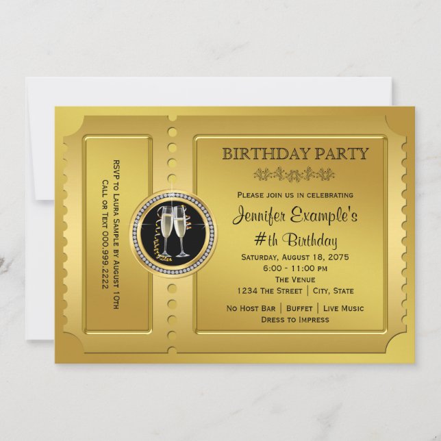 Invitación Fiesta de cumpleaños elegante con boleto dorado (Anverso)