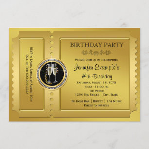 Invitación Fiesta de cumpleaños elegante con boleto dorado