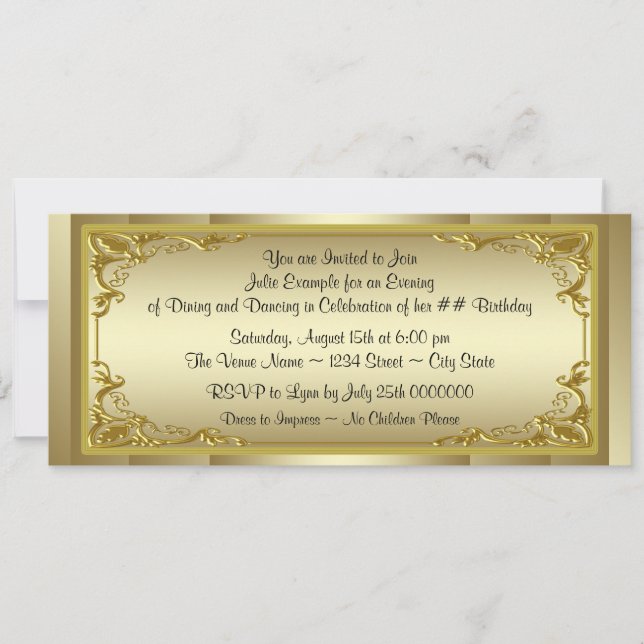 Invitación Fiesta de cumpleaños elegante con boleto dorado (Anverso)