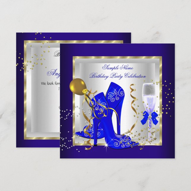 Invitación Fiesta de cumpleaños elegante con brillo azul real (Anverso / Reverso)