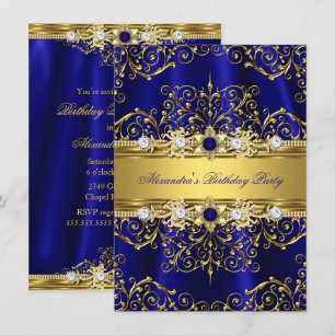 Invitación Fiesta de cumpleaños elegante con damasco azul rea