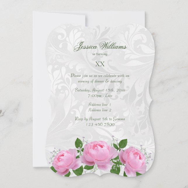 Invitación Fiesta de cumpleaños elegante con rosas rosadas y  (Anverso)