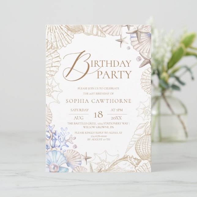 Invitación Fiesta de Cumpleaños Elegante Concha de Playa (Anverso de pie)