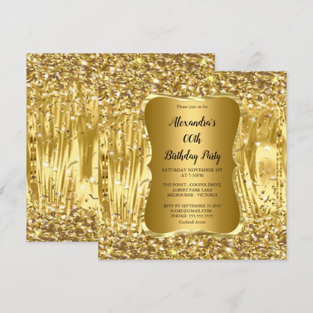 Invitación Fiesta de Cumpleaños Elegante Confeti Dorado Brill (Anverso / Reverso)