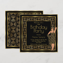 Invitación Fiesta de Cumpleaños Elegante Dama Art Deco Negro
