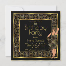 Invitación Fiesta de Cumpleaños Elegante Dama Art Deco Negro 