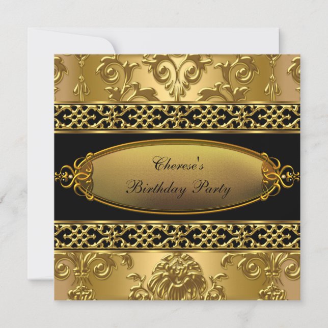 Invitación Fiesta de Cumpleaños Elegante Damasco Dorado Negro (Anverso)
