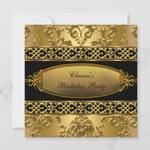 Invitación Fiesta de Cumpleaños Elegante Damasco Dorado Negro