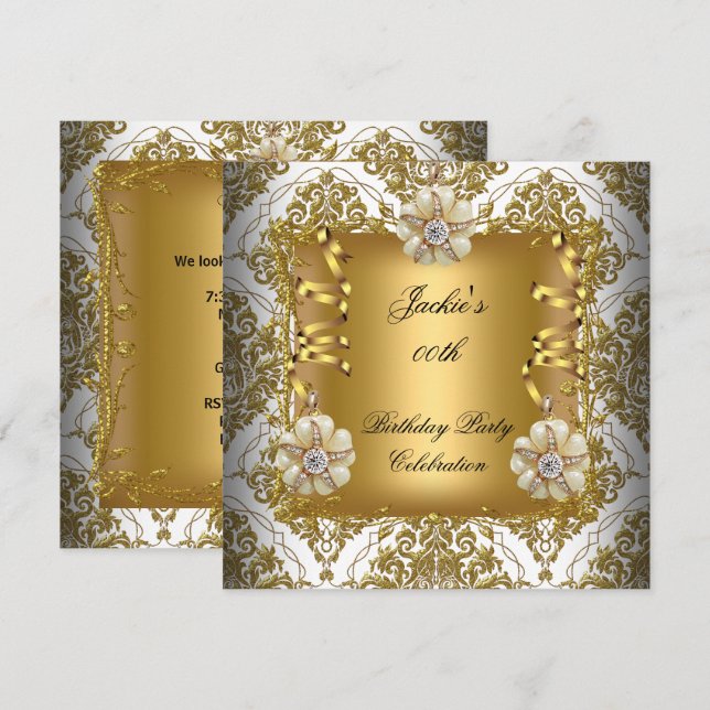 Invitación Fiesta de Cumpleaños Elegante Damask Dorado Blanco (Anverso / Reverso)