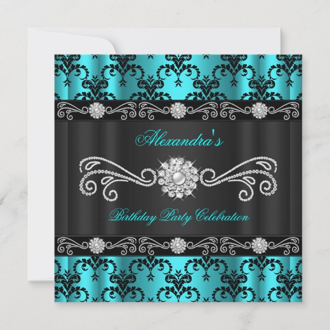 Invitación Fiesta de Cumpleaños Elegante Damask Verde Azul Di (Anverso)