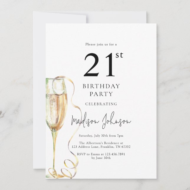 Invitación Fiesta de cumpleaños elegante de 21 años (Anverso)