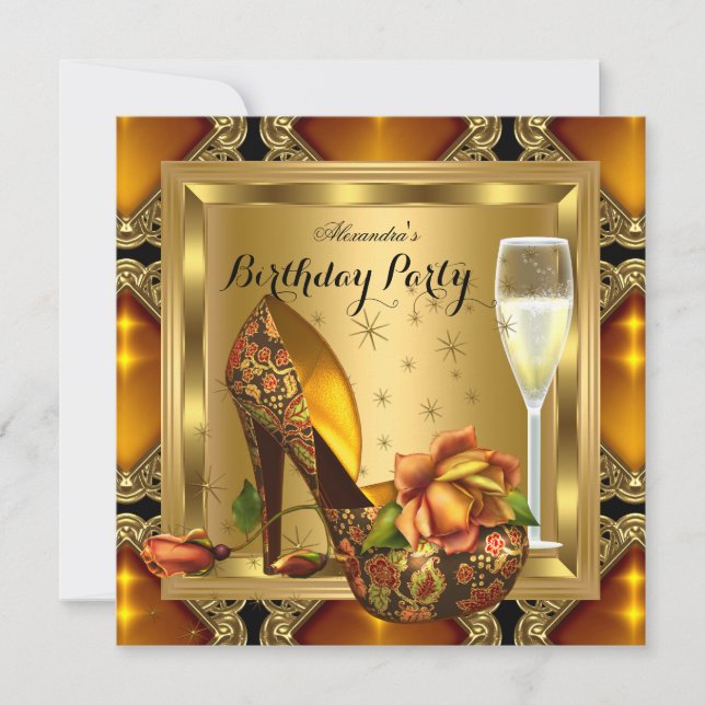 Invitación Fiesta de cumpleaños elegante de Amber Heels Gold  (Anverso)