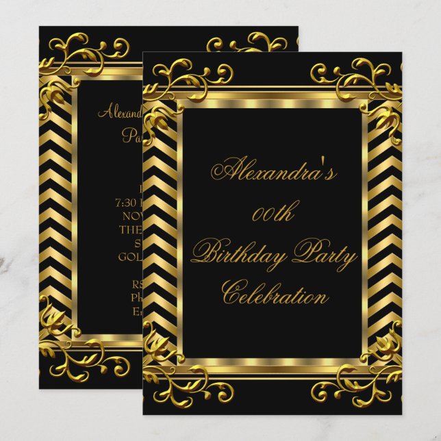 Invitación Fiesta de cumpleaños elegante de Chevron negro con (Anverso / Reverso)
