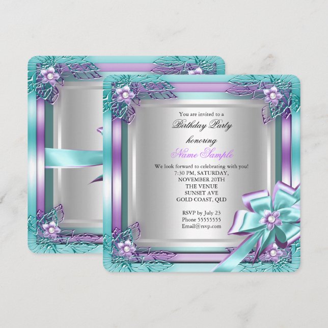 Invitación Fiesta de Cumpleaños Elegante de Élite Turquesa Pú (Anverso / Reverso)