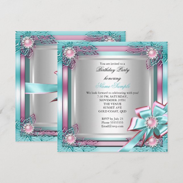Invitación Fiesta de Cumpleaños Elegante de Élite Turquesa Ro (Anverso / Reverso)