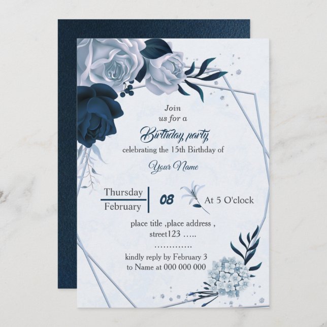 Invitación fiesta de cumpleaños elegante de flores azules pol (Anverso / Reverso)