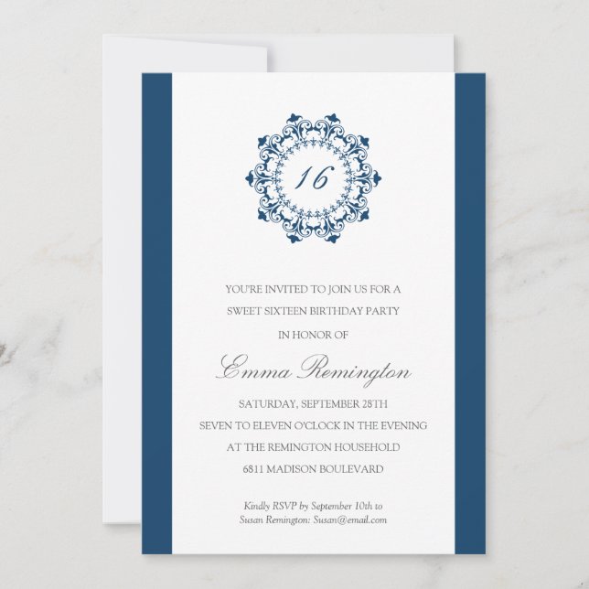 Invitación Fiesta de cumpleaños elegante de los azules (Anverso)