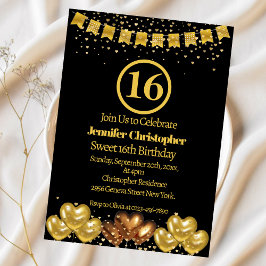 Invitación Fiesta de cumpleaños elegante de negro y dorado Sw