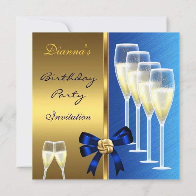 Invitación Fiesta de cumpleaños elegante de oro negro azul (Anverso)
