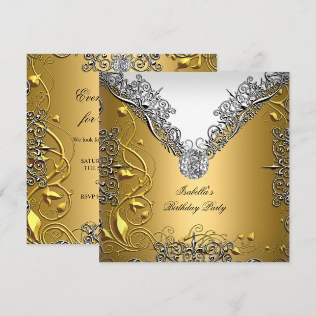 Invitación Fiesta de cumpleaños elegante de oro plateado blan (Anverso / Reverso)
