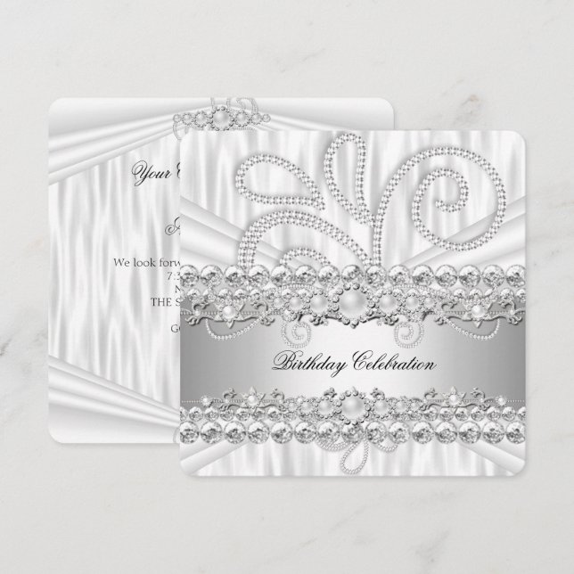 Invitación Fiesta de cumpleaños elegante de Pearl White Diamo (Anverso / Reverso)