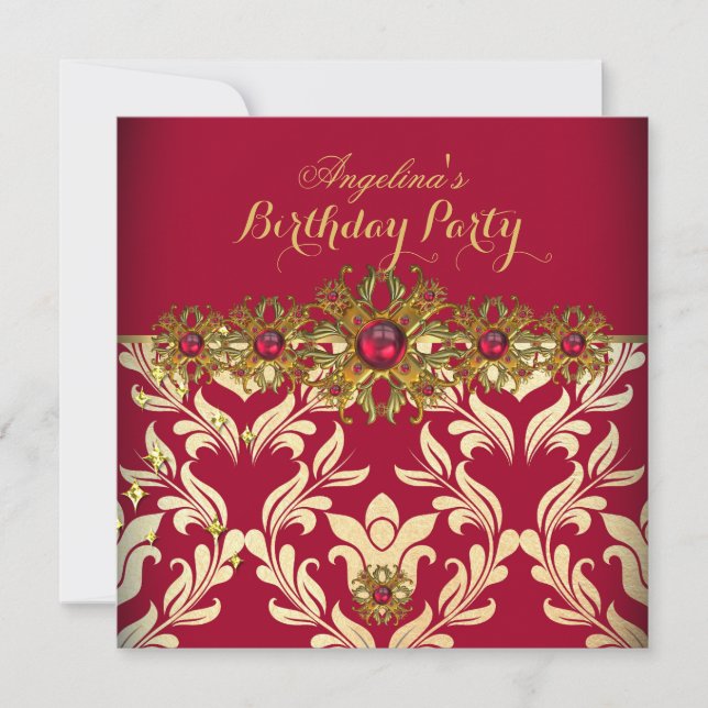 Invitación Fiesta de cumpleaños elegante de Red Gold Damask (Anverso)