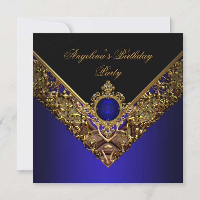 Invitación Fiesta de cumpleaños elegante de Royal Blue Gold (Anverso)