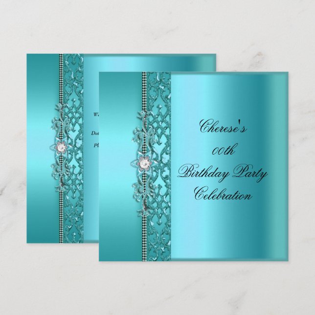 Invitación Fiesta de Cumpleaños Elegante Diamante Azul Turque (Anverso / Reverso)