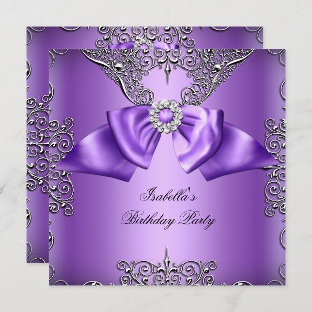 Invitación Fiesta de cumpleaños elegante Diamond Purple Bow (Anverso / Reverso)