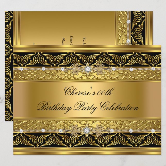 Invitación Fiesta de Cumpleaños Elegante Dorado Diamante Ribe (Anverso / Reverso)