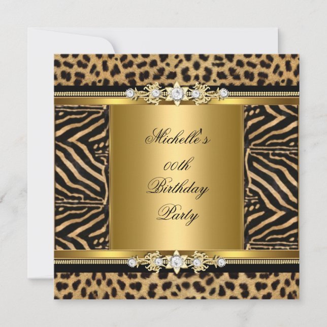 Invitación Fiesta de Cumpleaños Elegante Dorado Negro Cebra L (Anverso)