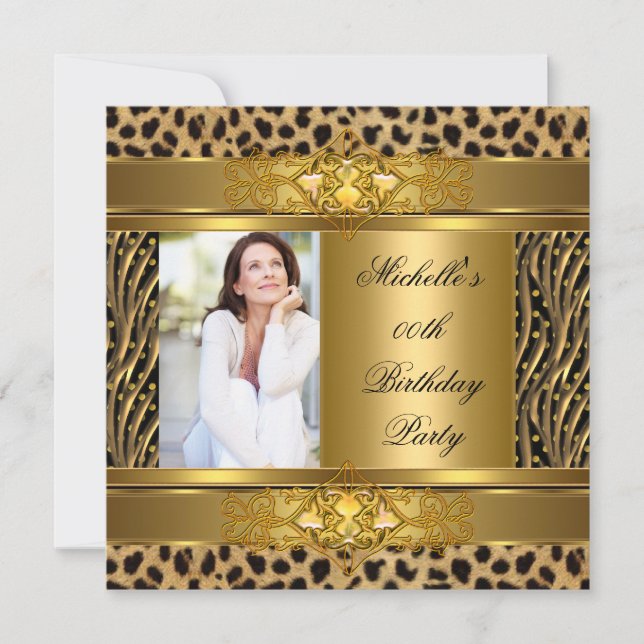 Invitación Fiesta de Cumpleaños Elegante Dorado Negro Cebra L (Anverso)