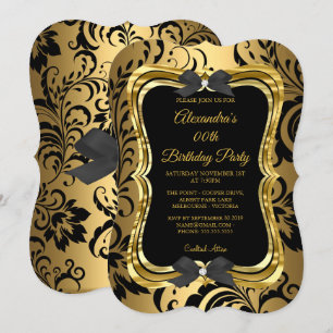 Invitación Fiesta de Cumpleaños Elegante Dorado Negro Floral
