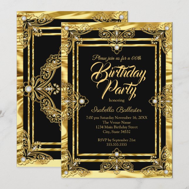 Invitación Fiesta de Cumpleaños Elegante Dorado Negro Gemas (Anverso / Reverso)
