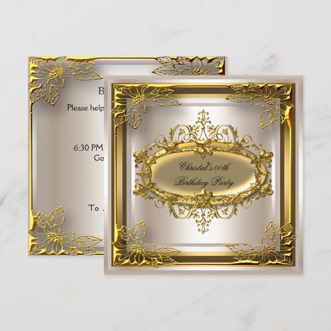 Invitación Fiesta de Cumpleaños Elegante Elite Crema Dorada (Anverso / Reverso)