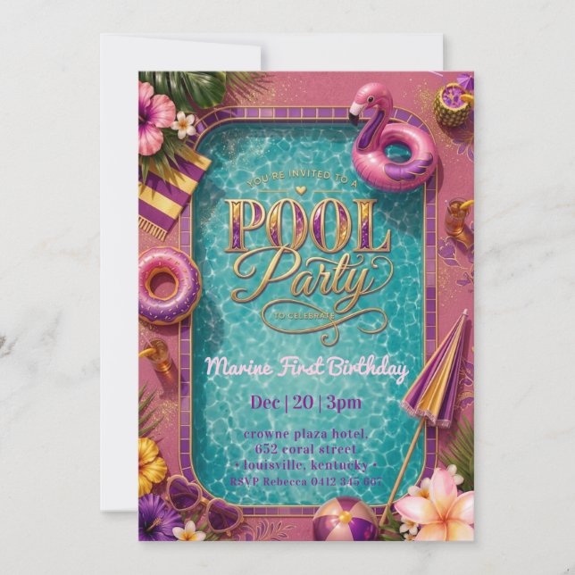 Invitación Fiesta de cumpleaños elegante en la piscina (Anverso)