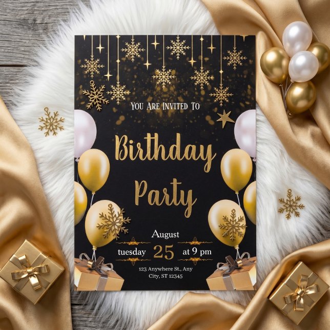 Invitación Fiesta de cumpleaños elegante en negro y dorado (Subido por el creador)