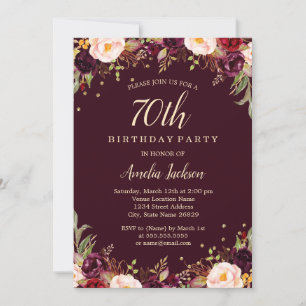 Invitación Fiesta de cumpleaños elegante floral Borgoña dorad
